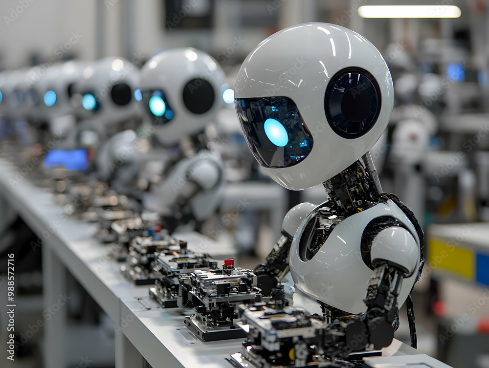 Fototapeta premium A row of futuristic robots working on an assembly line in a high-tech factory, showcasing advanced automation and precision technology.