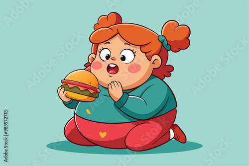 A happy girl with pigtails excitedly prepares to eat a tasty burger in a colorful environment, a cartoon character fat girl eat burger