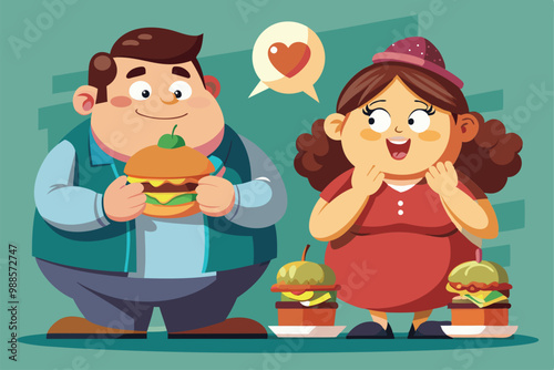 A joyful couple shares their love for burgers in a colorful diner setting, a cartoon character fat couple eat burger
