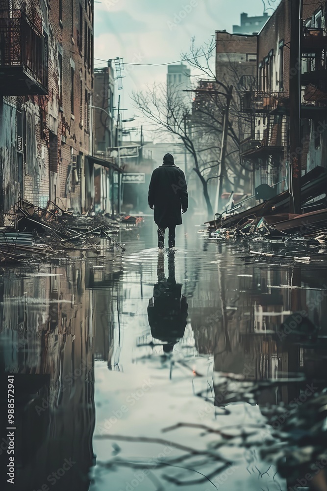 A Lone Man Walking Through a Flooded Street with Water Up to His Knees, Reflections of Ruined Buildings in the Desaturated Scene A Lone Man Walking Through a Flooded Street with Water Up to His Knees, Reflections of Ruined Buildings in the Desaturated Scene