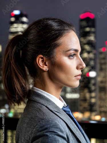 Professional woman exudes confidence. Sharp profile, modern attire. Ideal for corporate, leadership, and career themes.