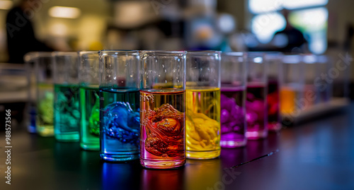 A row of beakers with colorful liquids of varying hues and shapes, arranged on an industrial lab table.