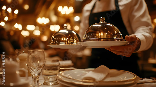A waiter serving two silver cloches on white plates in an elegant restaurant setting filled with warm lighting.