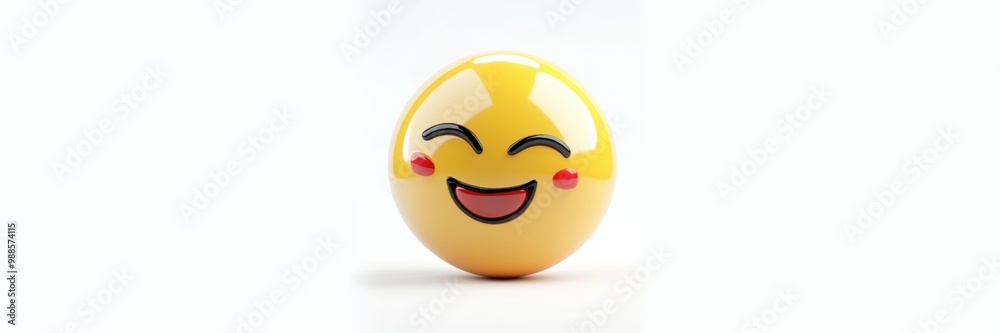 Fototapeta premium 3D icon of yellow emoticon, emoji, smile with closed eyes, gentle cute smile, and rosy cheeks, expressing happiness and joy. Banner