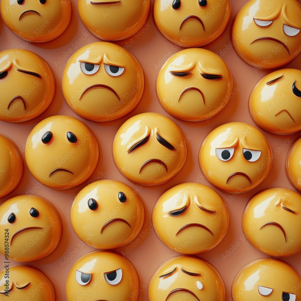 3D icon of yellow emoticon, emoji, smile with various sad expressions, sense of sadness and melancholy. 3D icon of yellow emoticon, emoji, smile with various sad expressions, sense of sadness and melancholy.