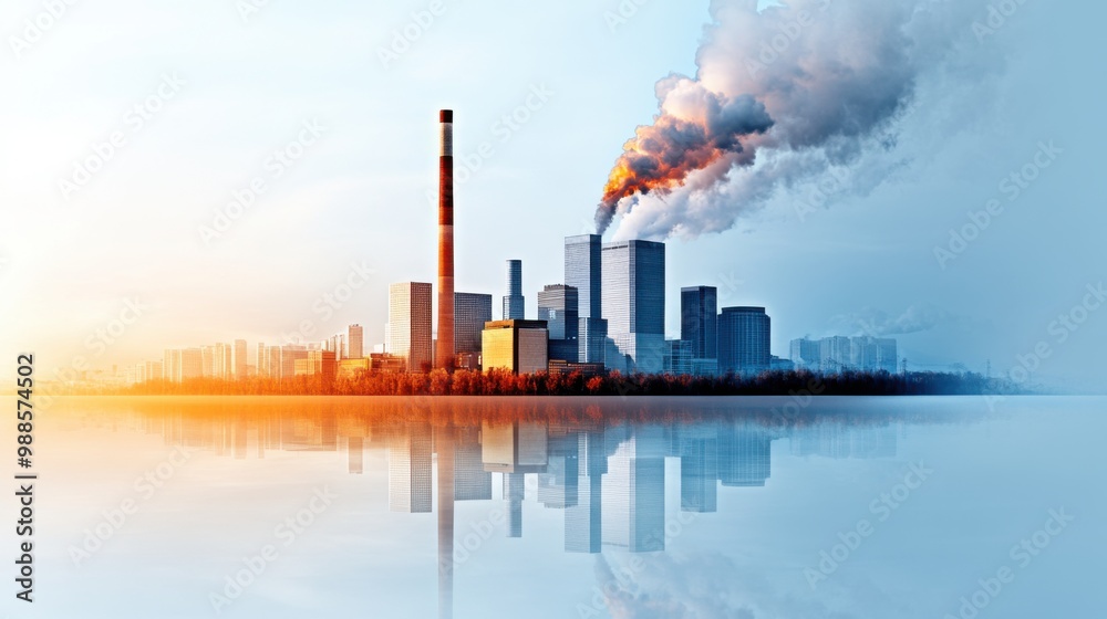Industrial Cityscape with Smoke and Reflection Industrial Cityscape with Smoke and Reflection
