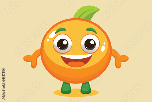 A cute orange character smiles happily with playful green shoes and a leaf on top, radiating joy, a cartoon character Happy Cute orange