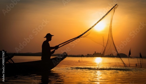 Silhouette Fisherman Fishing Nets on the boat. Silhouette Fisherman Fishing Nets ,Thailand