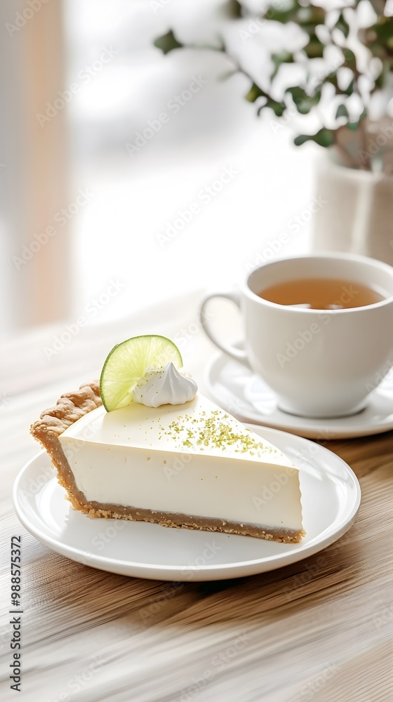 Slice of Classic Key Lime Pie Tea Cozy Composition Wooden Table Plant Slice of Classic Key Lime Pie Tea Cozy Composition Wooden Table Plant