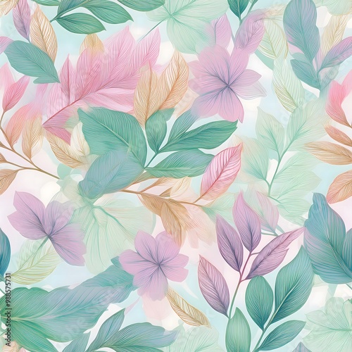 Wallpaper Mural floral seamless pattern with drawing watercolor abstract leaf pastel background Torontodigital.ca