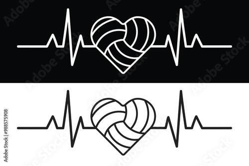 Volleyball Love With Heart Beat Vector, Sports, Volleyball, vector, Volleyball ball, Sports silhouette, Heart design, Love of Volleyball, Romance