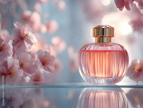 Elegant perfume bottle surrounded by delicate cherry blossoms, creating a serene and appealing ambiance.