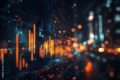 Modern Financial Data Visualization in Urban Nightscape with Blurred Lights