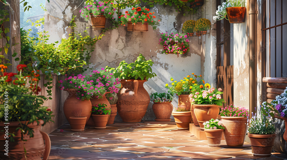 Obraz premium Terracotta pots containing Spanish gazpacho. Mediterranean courtyard scene.