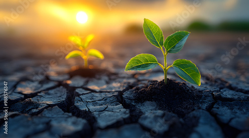 Close-up of Two Young Plants Sprouting from Dry, Cracked Soil, Representing Hope, Growth, and Resilience in Harsh Environmental Conditions 