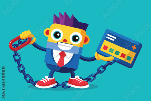 A cheerful cartoon character holds a credit card, ready to have fun and make purchases with excitement, a cartoon character holding a credit card and a chain photo