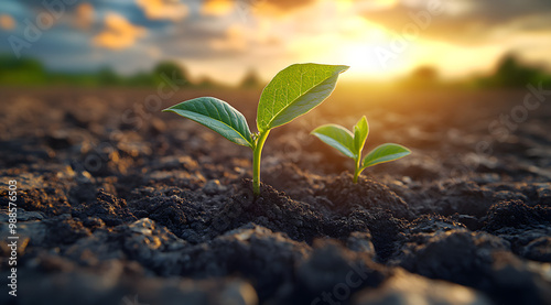 Close-up of Two Young Plants Sprouting from Dry, Cracked Soil, Representing Hope, Growth, and Resilience in Harsh Environmental Conditions 