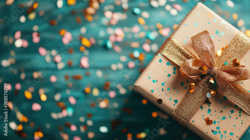 A beautifully tied ribbon on a gift box, surrounded by scattered confetti, festive holiday atmosphere