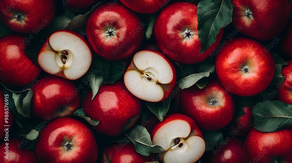 A Close-Up View of Red Apples with Green Leaves A Close-Up View of Red Apples with Green Leaves