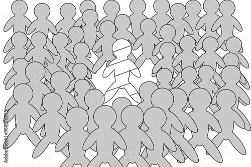 Outline illustration of a unique individual standing out in a crowd. Ideal for coloring, promoting individuality and diversity.