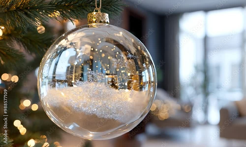 hanging glass christmas tree ball in cozy livingroom