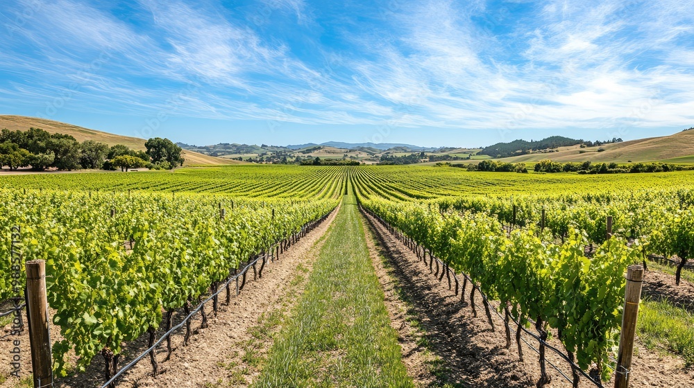 A rolling green vineyard stretching out under a bright blue sky, with rows of grapevines leading towards distant hills. A rolling green vineyard stretching out under a bright blue sky, with rows of grapevines leading towards distant hills.
