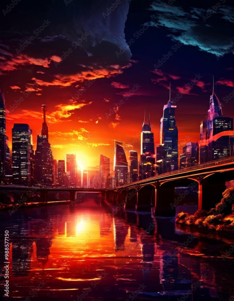 Fototapeta premium A futuristic city skyline reflects over a calm river as the fiery red sunset paints the sky with dramatic hues, blending modern architecture with natural beauty.. AI Generation