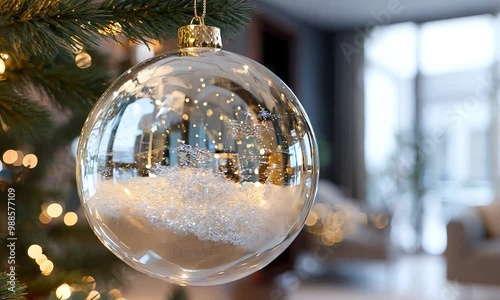 hanging glass christmas tree ball in cozy livingroom photo