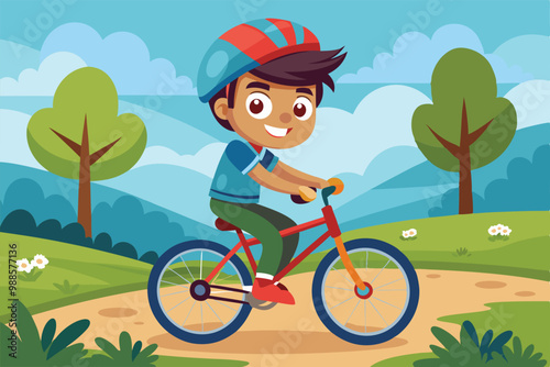 A young boy with a smile rides his bicycle along a winding park path with trees and hills around him, a cartoon character kid boy riding bicycle