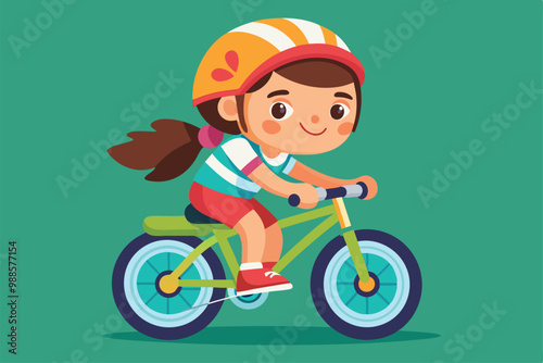 A young girl in a helmet rides her bicycle happily through a bright green park, a cartoon character kid girl riding bicycle