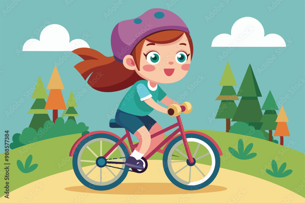 A happy girl pedals her pink bicycle along a bright, green trail surrounded by trees, a cartoon character kid girl riding bicycle