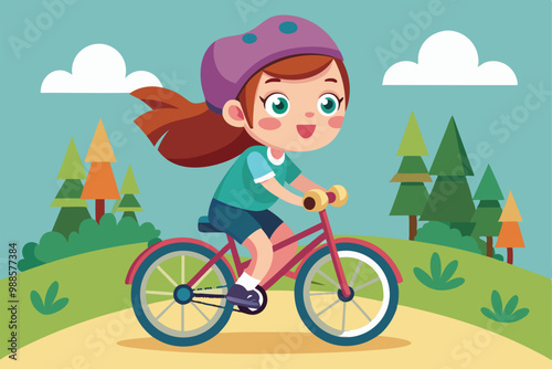 A happy girl pedals her pink bicycle along a bright, green trail surrounded by trees, a cartoon character kid girl riding bicycle