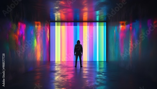 Mysterious figure illuminated by vibrant lights in a shadowy space