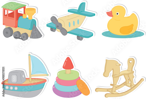 Cute hand drawn stickers with retro children's toys. Colorful hand drawn duck, boat, airplane, steam train, pyramid, rocking horse