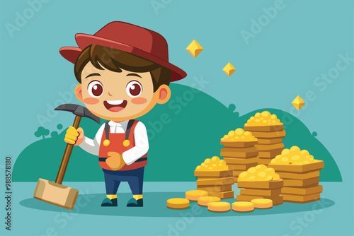 A happy little boy hammers away at a pile of gold and treasure blocks, surrounded by greenery, a cartoon character little boy hammer and a pile of gold coins