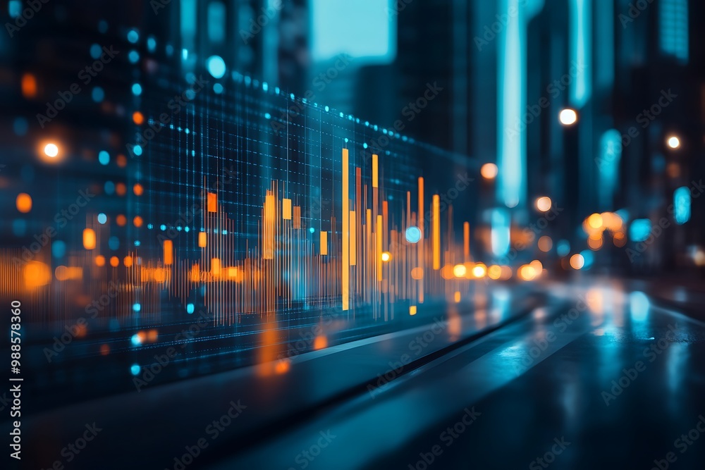 Vibrant Cityscape with Data Visualization in a Modern Urban Night Setting Vibrant Cityscape with Data Visualization in a Modern Urban Night Setting