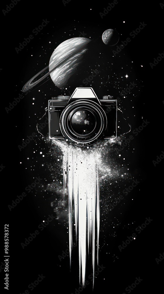A camera with a lens facing the viewer is shooting stars as it hurtles through space with a trail of light behind it. Two planets are in the background. A camera with a lens facing the viewer is shooting stars as it hurtles through space with a trail of light behind it. Two planets are in the background.