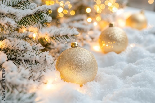 Christmas gold decorations on snow with fir tree branches and christmas lights. Winter Decoration Background with generative ai photo