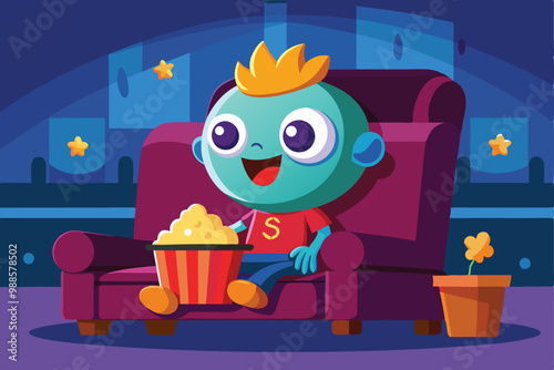 A joyful child character watches something entertaining while snacking on popcorn, a cartoon character Little girl cartoon character
