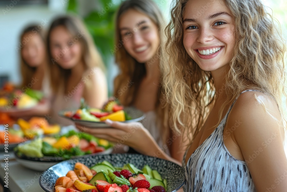 Women, friends and eating fruit in home for bonding, nutrition and happy lunch together. Healthy diet, sharing and wellness, fresh summer food for friendship and girls in kitchen smile, Generative AI Women, friends and eating fruit in home for bonding, nutrition and happy lunch together. Healthy diet, sharing and wellness, fresh summer food for friendship and girls in kitchen smile, Generative AI