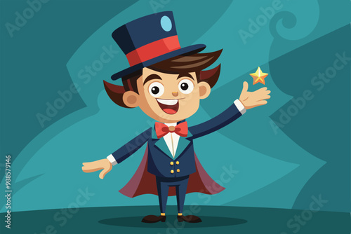 The cartoon magician showcases a hand gesture while standing confidently in a colorful background, a cartoon character Magician Showing Hand Gesture