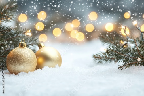 Christmas gold decorations on snow with fir tree branches and christmas lights. Winter Decoration Background with generative ai