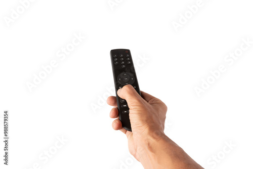 Male hand holding a tv controller isolated no background cutout