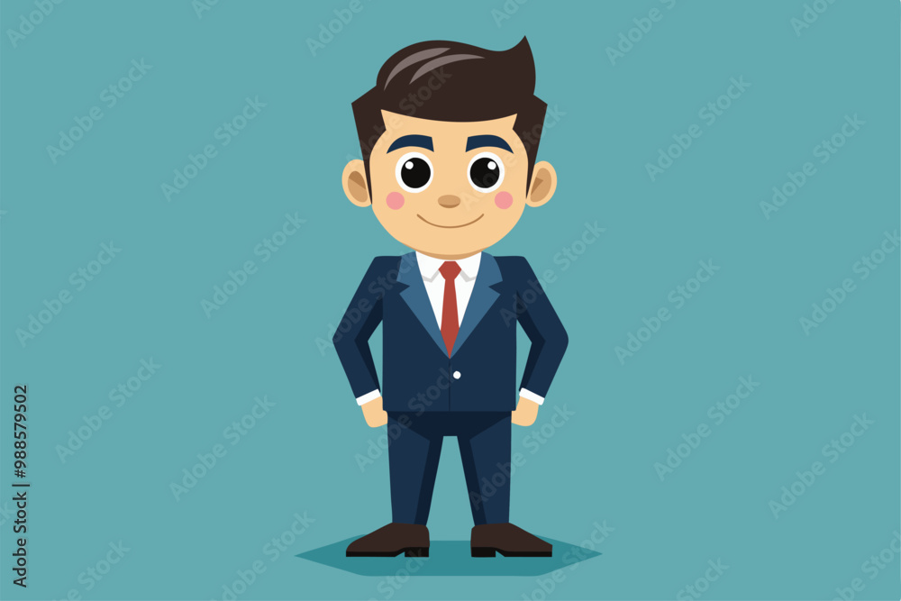 A cartoon man in a business suit stands with a friendly smile and hands on his hips, a cartoon character man in business suit A cartoon man in a business suit stands with a friendly smile and hands on his hips, a cartoon character man in business suit