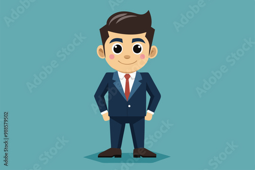 A cartoon man in a business suit stands with a friendly smile and hands on his hips, a cartoon character man in business suit