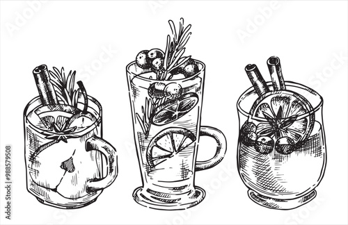 set of glasses with mulled wine. Christmas drink, vector illustration in sketch style. vintage