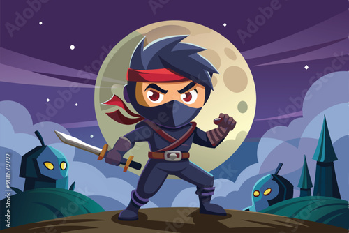 A ninja character poses fiercely, holding a sword against a backdrop of a full moon and cloudy sky, a cartoon character Man in ninja suit holding sword in front of full moon.