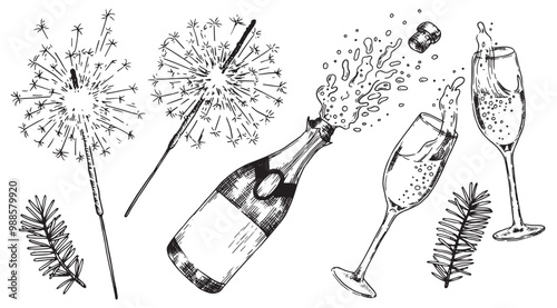 New Year's set with glasses of champagne and sparklers. vector illustration in sketch style