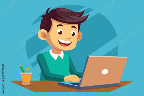 A cheerful cartoon character works on a laptop, engaging with his task at a tidy desk, a cartoon character man using laptop