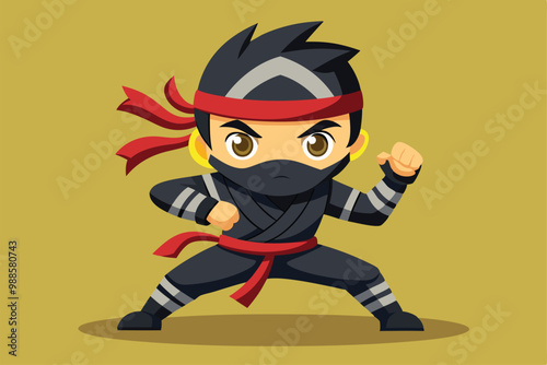 The ninja assassin stands confidently, fists clenched, preparing for a stealthy mission, a cartoon character ninja assassin